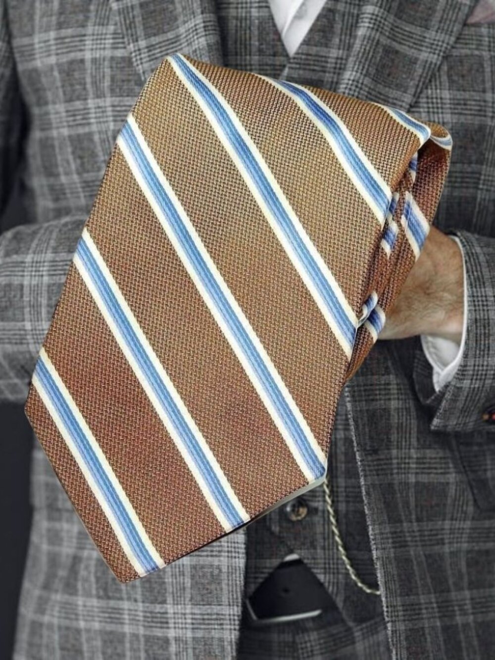 Jos A Bank Made In Italy Fine Mocha/Blue/White Stripes Men's Tie PRETTY & MINT